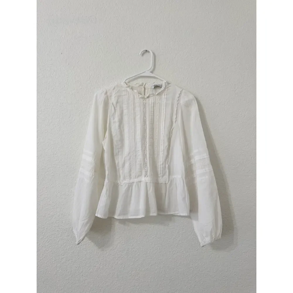 Zara Cotton Victorian Lace Trim Peplum Top White Long Sleeve Small